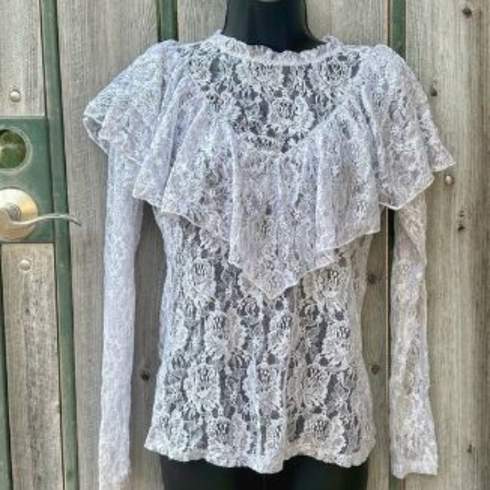 Vintage Victorian Style Sheer White With Silver Metallic Stretch Lace Blouse